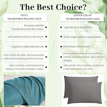 YIYEA Pillow Cases Queen Size Set of 4, Ultra Soft 1800TC Hotel Quality Double Brushed Microfiber Embroidered Pillowcases, Envelope Closure, Fade Resistant (20"x30", Teal)