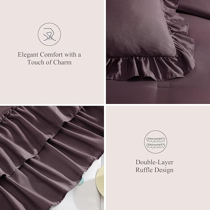 King Size Comforter Set Dark Purple, Ruffle Shabby Chic Bedding Set Farmhouse 7 Pieces, All Season Fluffy Bed in a Bag with Sheets, Pillowcases & Shams