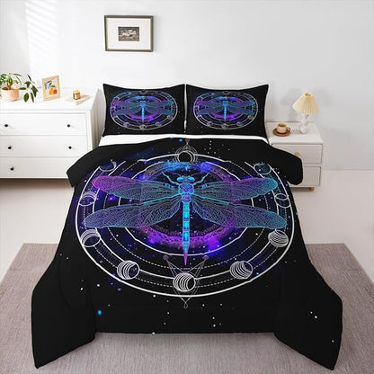 Death Dragonfly Comforter Set Queen,Gothic Sun Moon Bedding Set for Kids Teens Boys Girls Room Decor,Galaxy Universe Duvet Insert Trippy Geometric Quilted Duvet Set with 2 Pillowcases,Black Purple