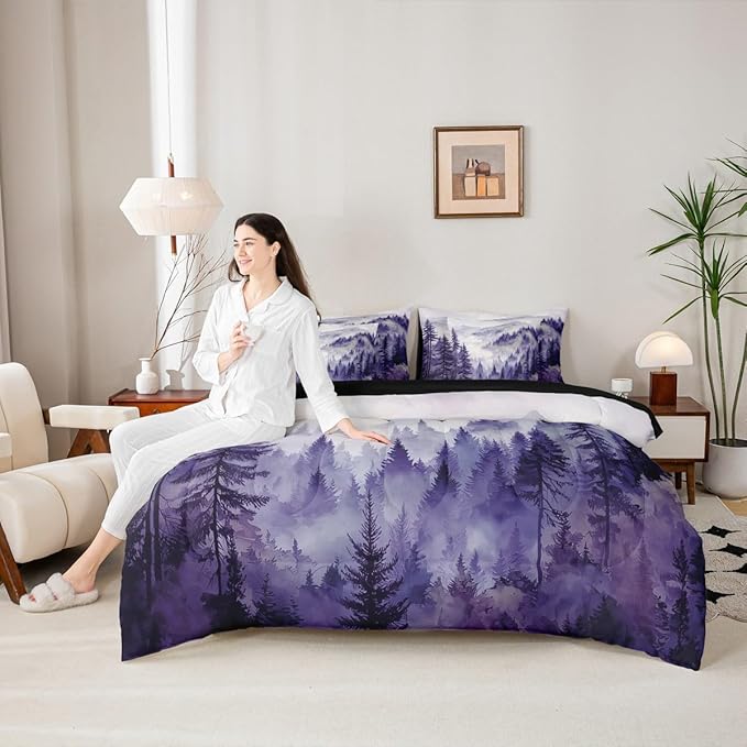 Erosebridal Purple Misty Forest Twin Bed in A Bag 7 Piece Mountain Foggy Woodland Comforter Set with Sheets Rustic Pine Tree Bedding Sets for Kids Adults,Watercolor Nature Theme Bed Set
