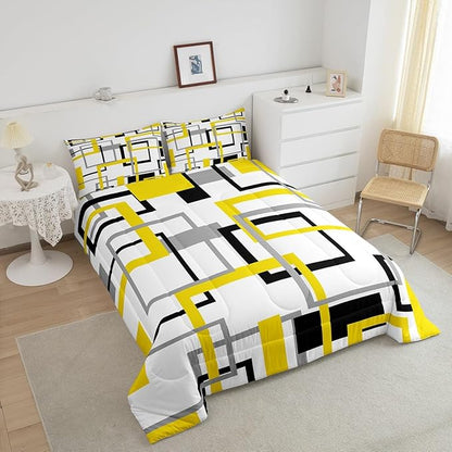 Grey Golden Black White Comforter Set,Colorful Geometric Square Bedding Set for Kids Boys Girls Bedroom Decor,Grid Plaid Stripes Quilted Duvet Twin,Modern Simple Style Graphic Down Comforter
