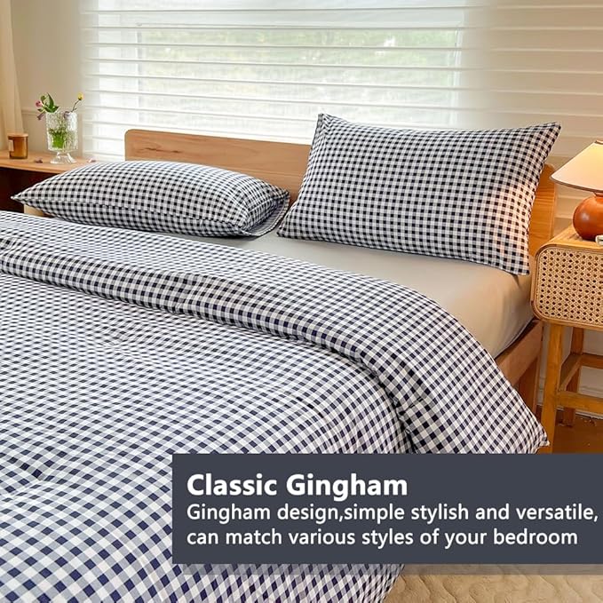 NSNLGSGC Twin Comforter Set, Navy Gingham Bedding Comforter Sets, Blue Grid Bed Comforter 2 Pieces (1 Comforter, 1 Pillowcase)