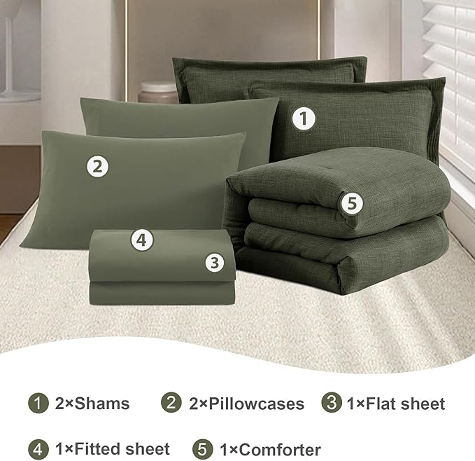 Geniospin California King Comforter Set - 7 Pieces Comforter King Size, Soft Solid Bedding Set for All Season, Textured Bed in a Bag with Sheets, Pillowcases & Shams (Dark Green,104''x96'')