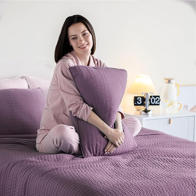 KASENTEX Queen Quilt Set 90"x90" – Soft Washed 3-Layer Lightweight Bedspread, Minimalist Nordic Design,All-Season Spring & Summer Quilt Set (1 Quilt + 2 Pillow Shams), Grape Jam Purple