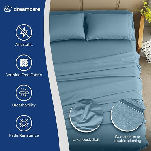 DREAMCARE Full Size Sheets Set - 4 Pcs Cooling Bed Sheets with Up to 15" Deep Pockets - Soft, Long-Lasting 100% Brushed Polyester with Side Pocket (Mineral Blue)