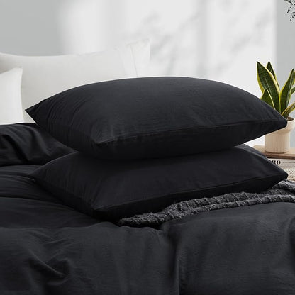 Black Duvet Cover Full Size, 100% Washed Cotton Linen Like Bedding Set with Zipper Closure (No Comforter), 80x90 Inches