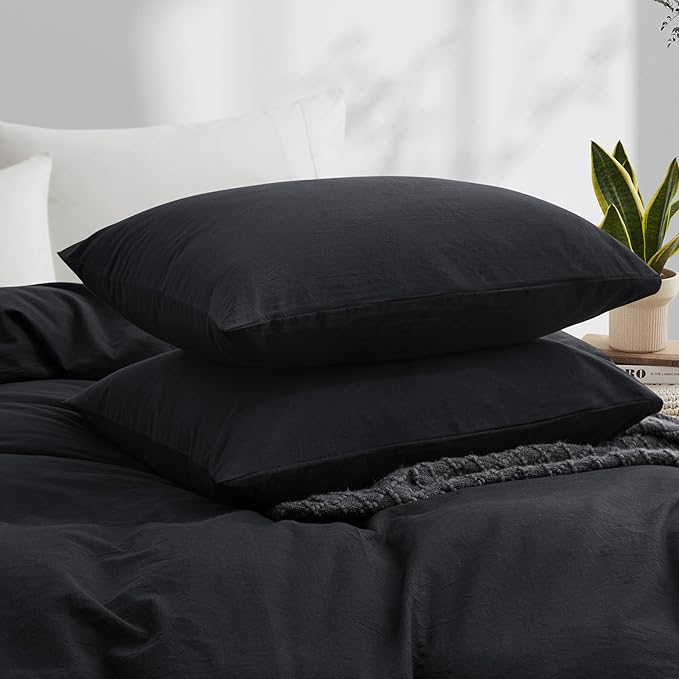 LOVQUE 100% Washed Cotton Duvet Cover Set King Size, Linen Like Natural Bedding Set with Zipper Closure (No Comforter), 104x90 Inches, Black