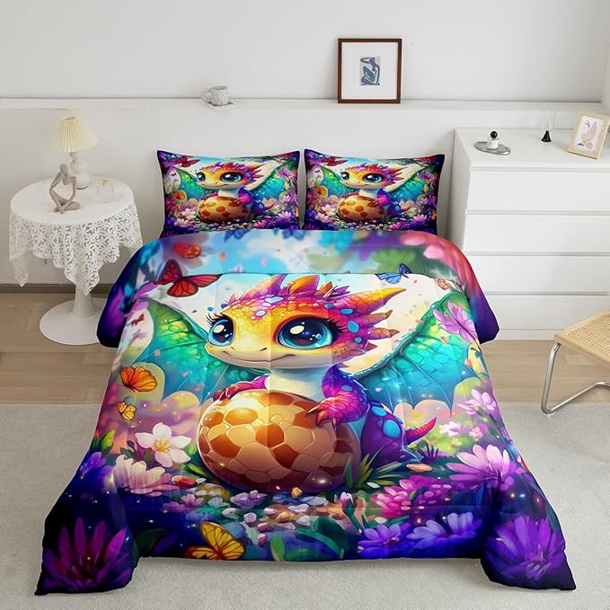 Cartoon Dragon Kids Comforter Set,Baby Dragon Eggs Bedding Set All Season,Watercolor Flowers Butterfly Comforter 2 Pcs with 1 Pillowcase,Toddler Size