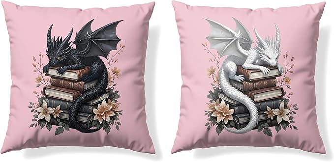 Vintage Magical Black White Dragon Reading Book Decor Throw Pillow Covers 18x18 Set of 2, Fantasy Room Decor for Kids, Gamers, and Bookworms,Reading Nook Decor, Gifts for Bookworm Readers(Pink)