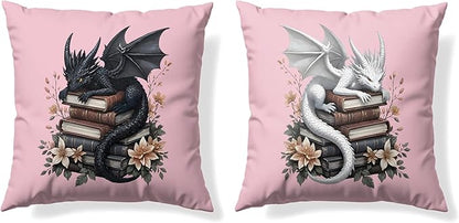 Vintage Magical Black White Dragon Reading Book Decor Throw Pillow Covers 18x18 Set of 2, Fantasy Room Decor for Kids, Gamers, and Bookworms,Reading Nook Decor, Gifts for Bookworm Readers(Pink)