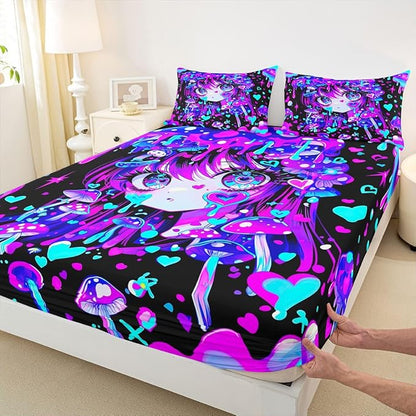 Erosebridal Japanese Girl Fitted Sheet for Boys Girls Kids Cartoon Girly Queen Bed Sheets,3D Anime Gifts Sheets Colorful Graffiti Print Bedding Sets, No Top Sheet