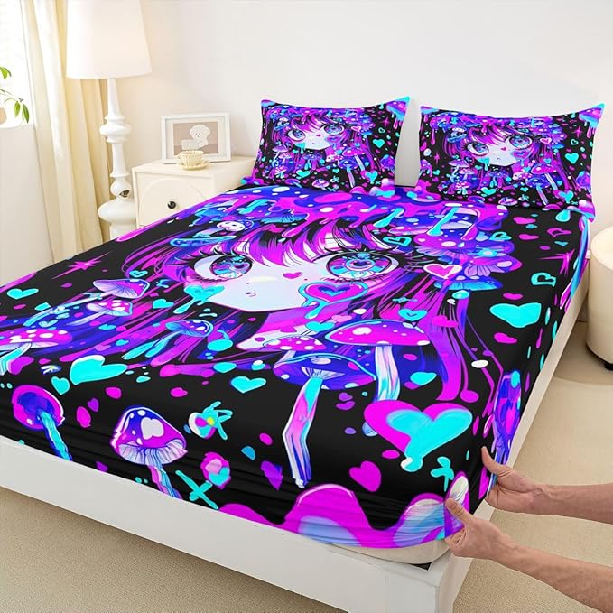 Erosebridal Japanese Girl Fitted Sheet for Boys Girls Kids Cartoon Girly Full Bed Sheets,3D Anime Gifts Sheets Colorful Graffiti Print Bedding Sets, No Top Sheet