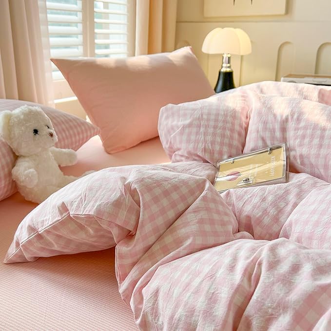 VM VOUGEMARKET Pastel Pink Gingham Duvet Cover Set Twin XL,Soft Washed Cotton Bedding Set for Girls, Cute Plaid Comforter Cover with Pillowcases,Sweet Aesthetic Dorm Room Essentials for Teen Girls