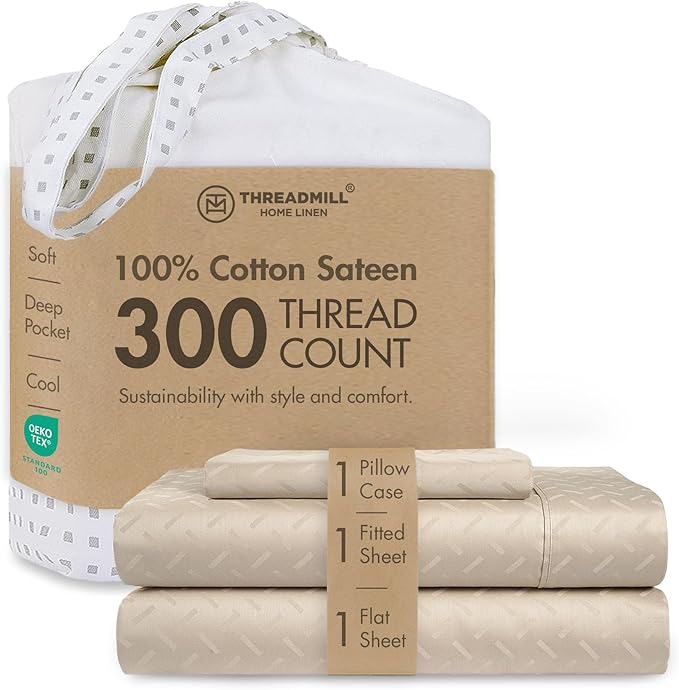 Threadmill Cotton Twin XL Sheet Set | 100% Cotton Sheets for Twin XL Size Bed | Damask Jacquard Sateen Twin XL Bed Sheets Set with 16” Deep Pocket | Soft Breathable 3-Piece Cooling Sheet Set | Beige
