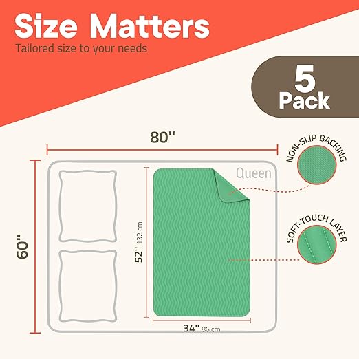 Washable Underpads Extra Large 34"x52" (Pack of 5) – Reusable Waterproof Bed Pads for Adults & Seniors, Extra Heavy Absorbency Incontinence & Bedwetting Pads, Soft Non-Slip TPU Backing, Green.