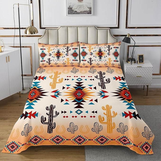 Manfei Geometric Aztec Arrow Kids Bedspread Queen Size,Western Cowboy Horseshoe Cactus Coverlet Set,Boys Girls Room Decor,Native Tribal Ethnic Quilted Coverlet,Rustic Bedding Quilt,2 Pillowcases