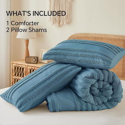 BEDELITE Boho Comforter Set Queen Size, Dusty Blue Tufted Striped Bed Set 3 Pieces, Soft Vintage Farmhouse Comforter for All Seasons, Boho Home Decor,Fluffy Jacquard Bedding with 2 Pillow Shams