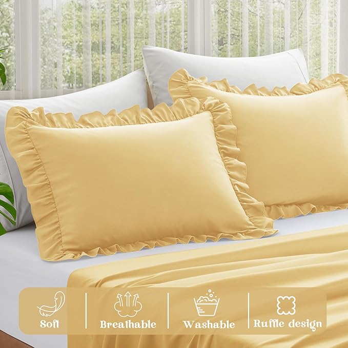 KKJIAF Ruffle Pillow Cases King Size Set of 2, Ruffled Pillow Covers with Envelope Closure, Wrinkle Resistant Ruffled Pillow Shams 20" x 36", Gold