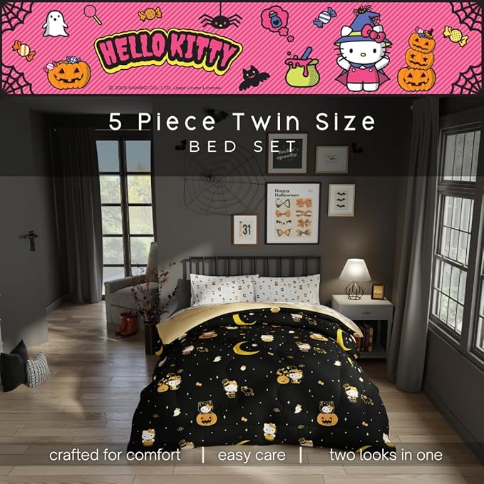 Sanrio Hello Kitty Halloween Pumpkin Twin Bed Set – Super Soft & Cozy 4 Piece Reversible Comforter and Sheet Set (Officially Licensed Product) by Franco