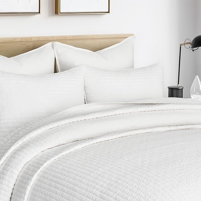 EVERGRACEHOME Cross Stitch Pre-Washed Cotton Quilt Bedding Set King Size, Oversized 3 Pieces Lightweight Bedspread Coverlet for All Season, with 2 Matching Shams, Bright White,108"x96"