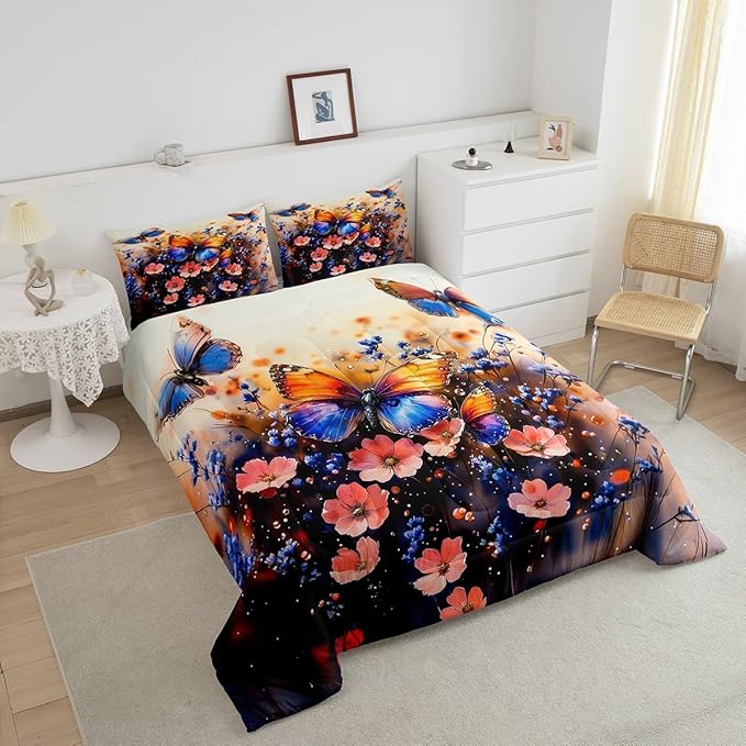 Feelyou Butterfly Comforter Set Queen Size Butterflies Print Comforter for Boys Girls Teens Animal Bedding Set Butterfly Floral Duvet Set Room Decor Blue Purple Quilt Set