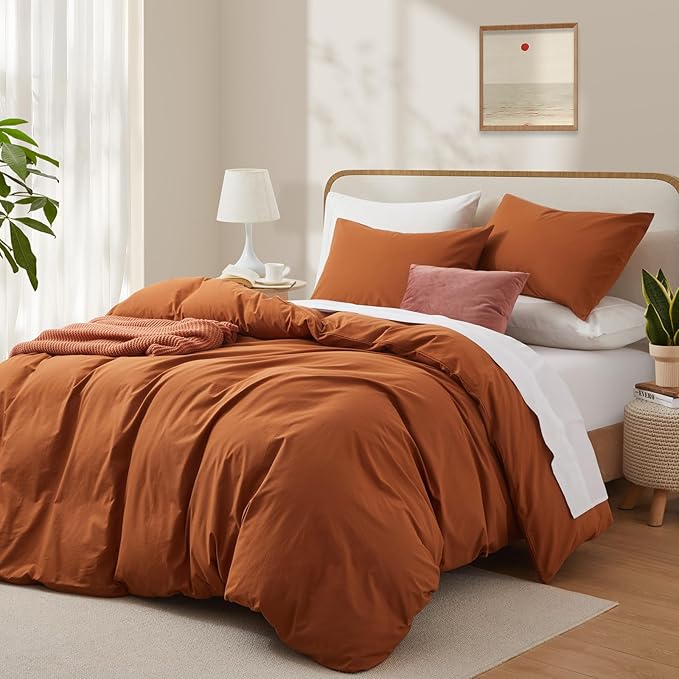 Burnt Orange Duvet Cover Full Size, 100% Washed Cotton Linen Like Bedding Set with Zipper Closure (No Comforter), 80x90 Inches