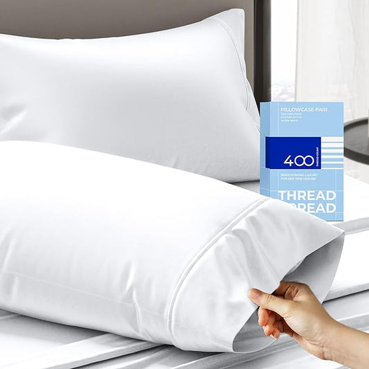 THREAD SPREAD 100% Cotton Pillow Cases Queen Size Set of 2 - Luxury 400 Thread Count Queen Pillow Cases (White), Soft Cooling Breathable Hotel Quality Cotton Pillowcases, Fits Standard Pillows