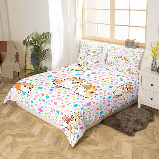 Kawaii Dogs Bedding Set Colorful Polka Dots Duvet Cover Set Cartoon Puppies Comforter Cover Set Cute Pet Theme Bedspread Cover Bedroom Quilt Cover 3Pcs King with 2 Pillowcase,No Comforter