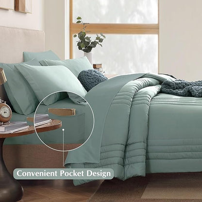 Monbix Twin XL Size Comforter Set - Extra Long 5 Pieces Dorm Bedding Sets, Quilting Design Fluffy Bed in a Bag Twin XL with Sheets, Pillowcase & Sham (Sage Green)