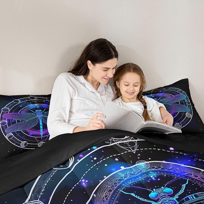 Death Dragonfly Duvet Insert Twin,Gothic Sun Moon Bedding Set for Kids Teens Boys Girls Room Decor,Galaxy Universe Comforter Set Trippy Geometric Quilted Duvet Set with 1 Pillowcase,Black Purple