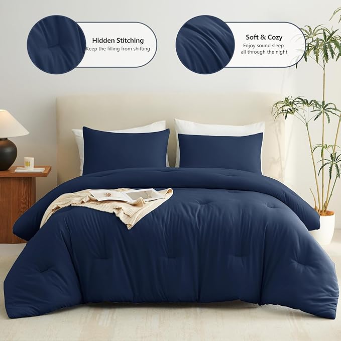CozyLux Navy Blue King Size Comforter Set, 3 Pieces Solid Breathable Quilted Style Bedding Sets, Luxury Fluffy Soft Bed Set with Down Alternative Comforter for All Season (1 Comforter & 2 Pillowcases)