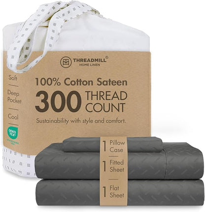 Threadmill Cotton Twin Sheet Set | 100% Cotton Sheets for Twin Size Bed | Damask Jacquard Sateen Twin Bed Sheets Set with 16” Deep Pocket | Soft Breathable 3-Piece Cooling Sheet Set | Dark Grey