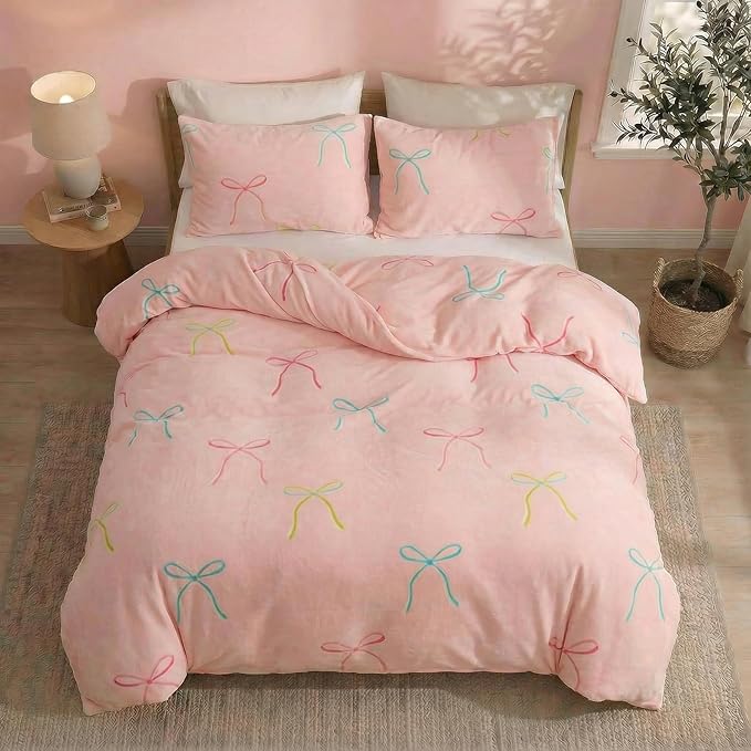Bedbay Pink Bow Comforter Set Queen Size Warm Fluffy Fleece Bedding Set Cute Bowknot Teen Girls Ultra Soft Plush Velvet Comforter Queen Bed Set Sweet Bow Tie Dreamy Princess Style Bedding 3 Pcs