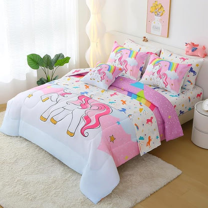 JQinHome Unicorn Full Bedding Sets for Girls Kids,8 Piece Bed in A Bag 3D Pink Sky Rainbow Clouds Theme Unicorn Comforter Set with Sheet Set(Pink Purple)