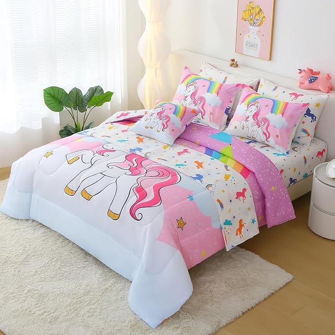 JQinHome Unicorn Twin Bedding Sets for Girls Kids,6 Piece Bed in A Bag 3D Pink Sky Rainbow Clouds Theme Unicorn Comforter Set with Sheet Set(Pink Purple)