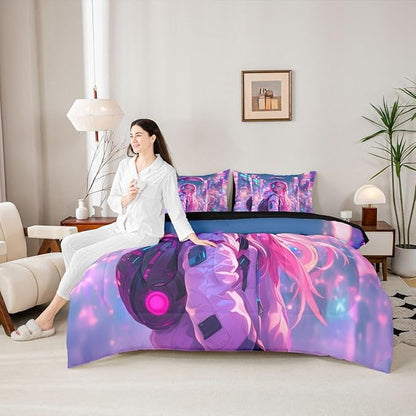Erosebridal Anime Girl King Comforter Set 7 Piece Japanese Style 3D Anime Bedding Set for Kids Girls Boys Room Decor,Sci Fi Style Gaming Bed in A Bag Hot Pink Colorful Bed Bed Set