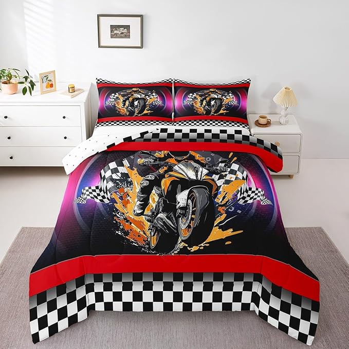 Feelyou Dirt Bike Comforter Set Queen Size Flag Comforter Racing Motocross Rider Bedding Set Extreme Sports Duvet Set Room Decor Black Purple Quilt Set