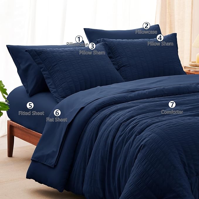 CozyLux Full Size Comforter Sets with Sheets 7 Pieces, Navy Blue Seersucker Bed in a Bag Textured Luxury Soft Bedding Sets with Down Alternative Comforter, Sheets, Pillowcases & Shams for All Seasons