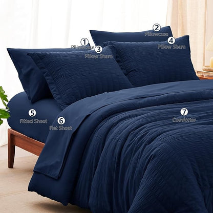 CozyLux Full Size Comforter Sets with Sheets 7 Pieces, Navy Blue Seersucker Bed in a Bag Textured Luxury Soft Bedding Sets with Down Alternative Comforter, Sheets, Pillowcases & Shams for All Seasons