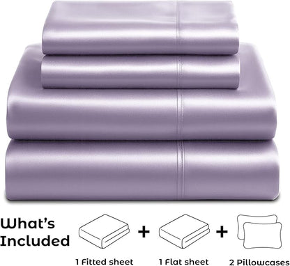 Pure Bedding Satin Sheets California King [4-Piece, Lavender] Hotel Luxury Silky Bed Sheets - Extra Soft Microfiber Sheet Set, Wrinkle Resistant - Deep Pocket Fitted Sheet, Flat Sheet, Pillow Cases