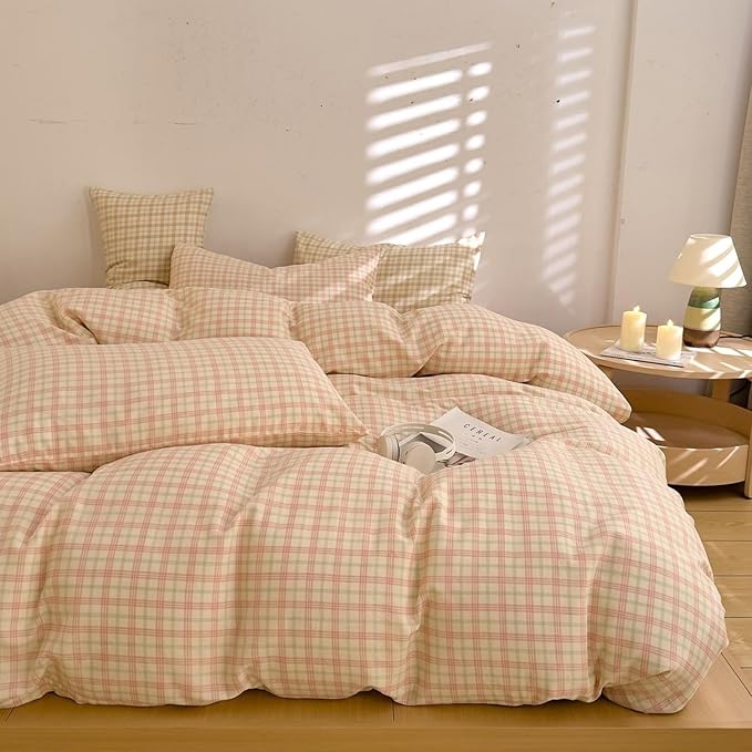 Pink Plaid Duvet Cover Set Twin XL 100% Cotton Muslin Gingham Duvet Cover Pink Green Grid Checkered Plaid Bedding Set Linen Like Gauze Breathable Soft Comforter Cover Farmhouse Gingham Bedding Set