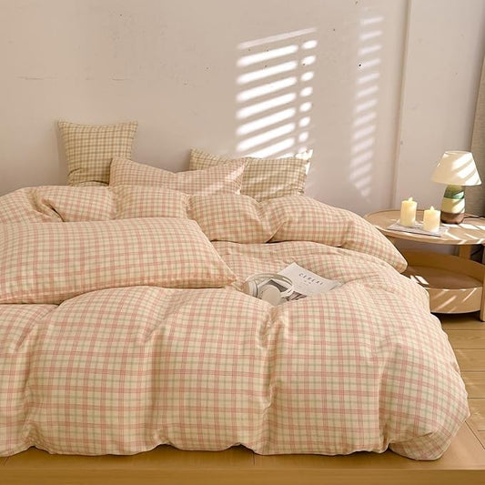 Pink Plaid Duvet Cover Gingham Bedding Set Full 100% Cotton Muslin Vintage Plaid Checkered Comforter Cover Linen Like Breathable Gauze Duvet Cover with 2 Pillowcases Farmhouse Grid Bedding Set Full