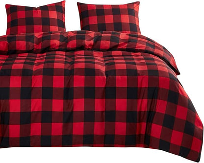 Wake In Cloud - Gingham Comforter Set, Plaid Buffalo Check Checkered Cottagecore Cute Geometric, Soft Lightweight Bedding, 3 Pieces, Red Black, King Size