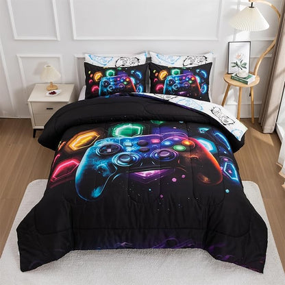 Aimuan Gamer Gaming Bedding Sets 3D Gamepad Comforter Sets for Boys Games Console Action Buttons Novelty Colorful Game Controller Modern Room Decor Home Quilt Set (Black-Multi, Queen 3PCS)
