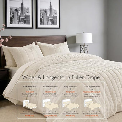 Oversized King Greek Velvet Quilt Set, 3× Softer Luxe Sheen, 100% Cotton Backing, 150GSM Down-Alternative Fill, Extra-Wide 112×106" Hotel-Style Luxury Coverage (1 Quilt + 2 Pillow Shams),Whisper White