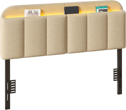 Queen Size Adjustable Headboard, Upholstered Headboard with Storage, APP Controlled LED Light, Padded Head Board Only, Sturdy Metal Foot Frame, Vertical Channel Design for Bedroom, Beige