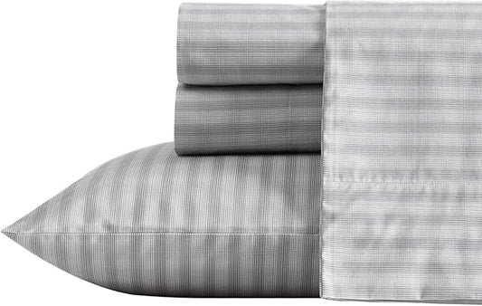 Nautica- King Sheet Set, Cotton Percale Bedding Set, Crisp & Cool, Lightweight & Breathable (Michael Plaid Grey, King)