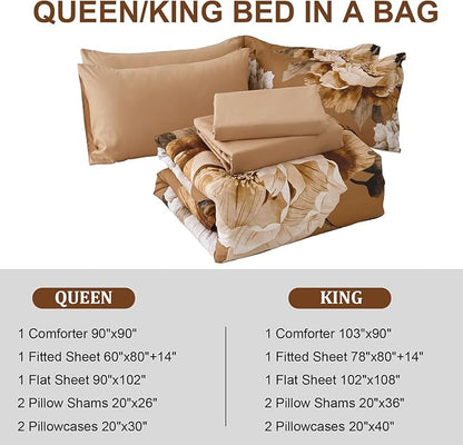 Dobuyly Brown Comforter Set Queen Size 7 Piece Bed in a Bag, Floral Printed on Brown Comforter Set with Sheets, Soft Microfiber Botanical Fall Complete Bedding Set for All Season