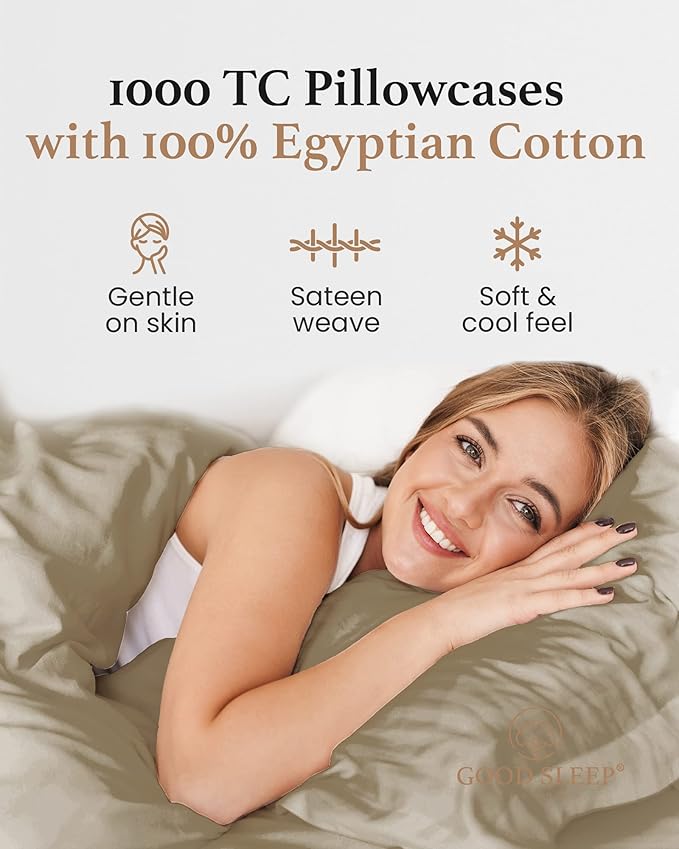 1000 TC Taupe Standard Pillowcases Set of 2 100% Egyptian Cotton Pillow Cases with Long Staple Cotton & Sateen Weave, Silky Soft Hotel - Like Bed Pillow Covers for Comfy Sleeping, Snug Fit