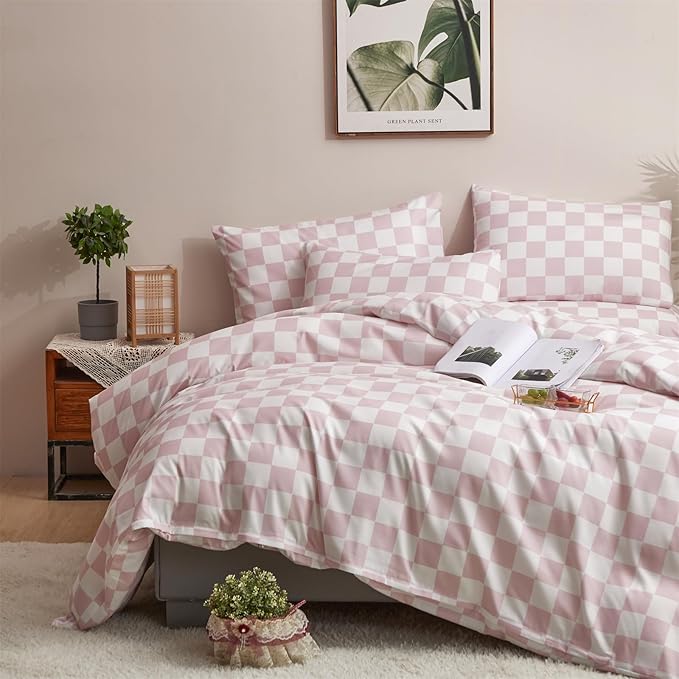 CLOTHKNOW Pink White Plaid Twin Comforter Set Grid Bedding Comforter Sets Soft Checker Comforters with 2 x Pillow Cases